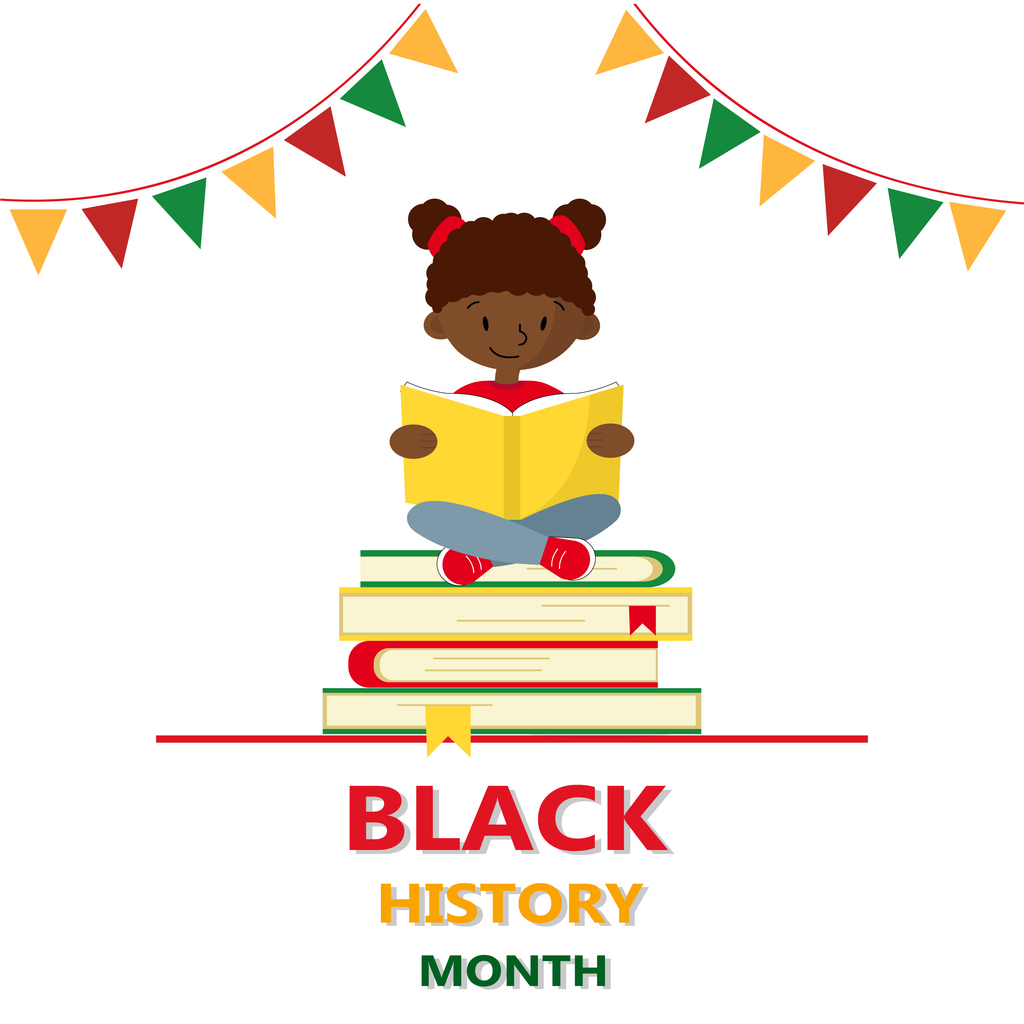 illustration of young black girl sitting on books