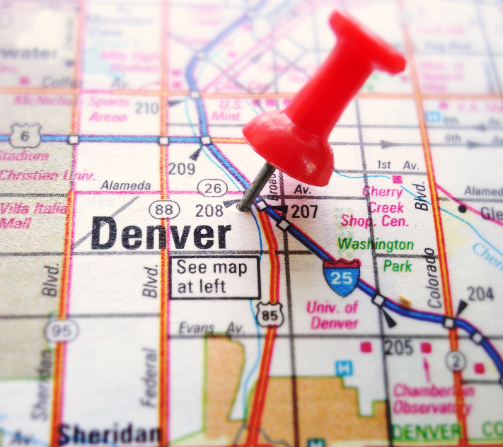 Map of Denver with red push pin