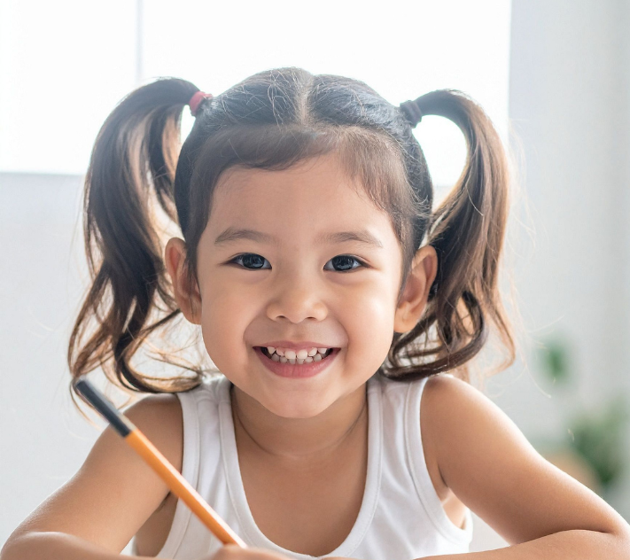 Young girl smiling while holding a pencil